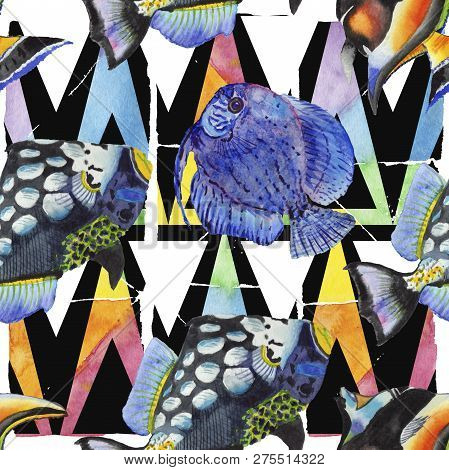 Watercolor Aquatic Underwater Colorful Tropical Fish Illustration Set. Seamless Background Pattern.