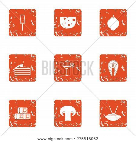 Pricey Snack Icons Set. Grunge Set Of 9 Pricey Snack Icons For Web Isolated On White Background