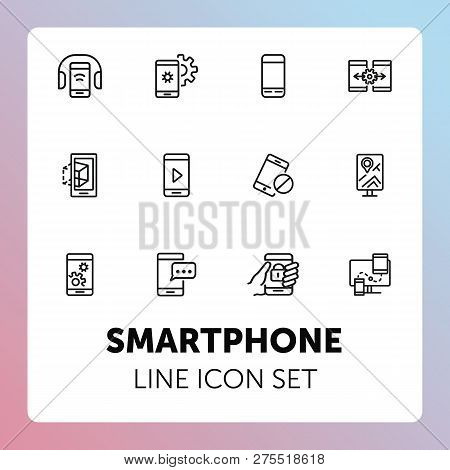 Smartphone Line Icon Set. Settings, Navigation, Multimedia Content. Mobile Technology Concept. Can B