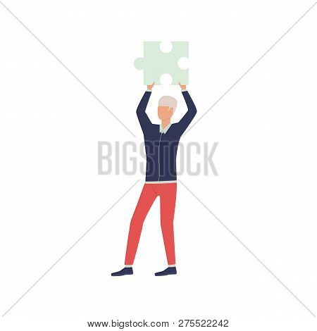 Man Showing Piece Of Puzzle Flat Icon. Jigsaw, Task, Challenge. Vector Illustration Can Be Used For 