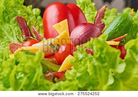 Bouquet With Ingredients For Healthy Nutririon Or Diet. Lettuce With Eggs And Fresh Vegetables Close
