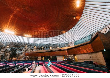 Helsinki, Finland - December 7, 2016: Interior Of Lutheran Temppeliaukio Church Also Known As Church