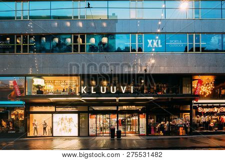 Helsinki, Finland - December 8, 2016: Tram Departs From A Stop On Aleksanterinkatu Street. Night Vie