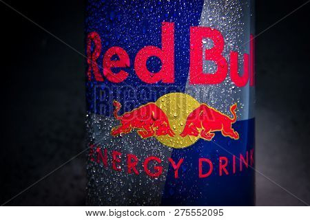 Sankt-petersburg, Russia - December 25, 2018: Aluminum Can Of Redbull Drink With Water Drops Over Da