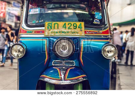 Bangkok, Thailand - February 2, 2018: Tuk Tuk Moto Taxi In Bangkok.