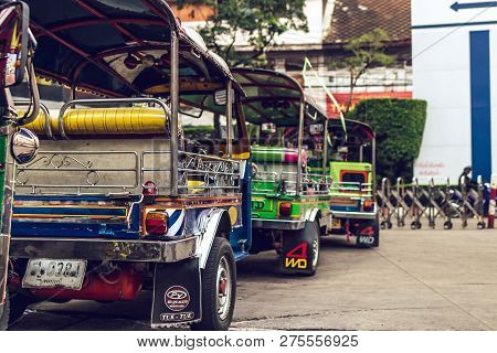 Bangkok, Thailand - February 2, 2018: Tuk Tuk Moto Taxi In Bangkok.