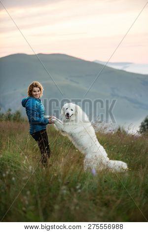 Beautiful Women And White Dog Morema Stand On Grass