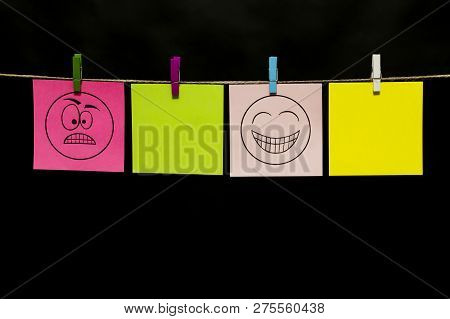 Copy Space. Four Multicolored Stickers. On Pink And Gray Pages Smileys. Anger. Gaiety. Stickers Are 