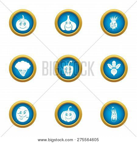 Vegetable Face Icons Set. Flat Set Of 9 Vegetable Face Icons For Web Isolated On White Background