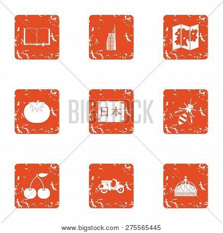 Nippon Icons Set. Grunge Set Of 9 Nippon Icons For Web Isolated On White Background