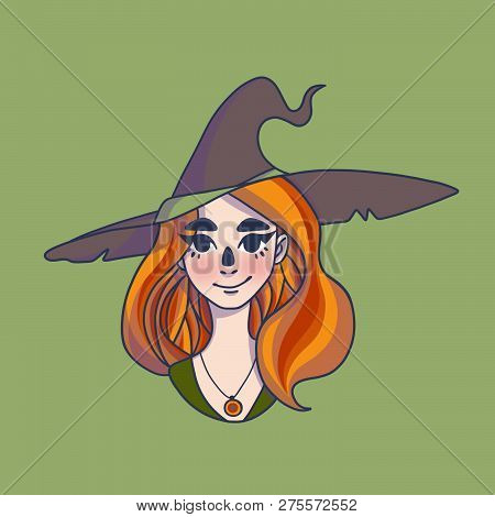 Redhead Girl In Hat On Green Background
