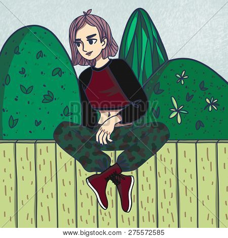 Teenager Sitting On The Fence On The Background Of Trees