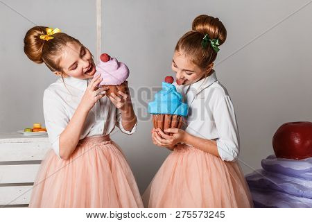 Beautiful Teenage Girls In Pink Tutu Skirts With Lollipops And Macaroons And Fansy Cakes In Studio O