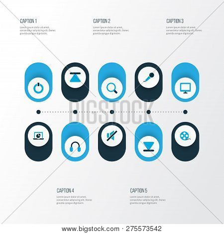 Music Icons Colored Set With Search, Top, Monitor And Other Eject Elements. Isolated  Illustration M