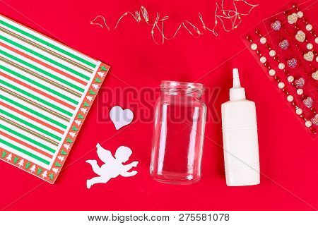 Diy Fairy Jar On Red Background. Gift Ideas, Decor February 14, St Valentines Day, Love. Handmade La