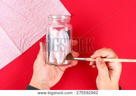 Diy Fairy Jar On Red Background. Gift Ideas, Decor February 14, St Valentines Day, Love. Handmade La
