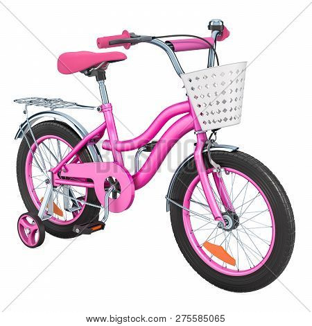 Kids Bicycle For Girls With Training Wheels And Basket, Pink Color. 3d Rendering Isolated On White B