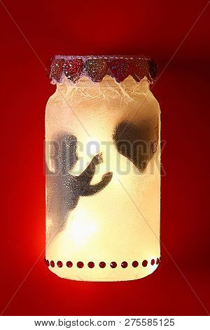 Diy Fairy Jar On Red Background. Gift Ideas, Decor February 14, St Valentines Day, Love. Handmade La