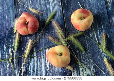 Peach, Spikelet On A Blue Background, Ripe Peach