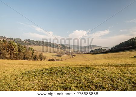 Beautiful Autumn Scenery Of Javorniky Mountains In Slovakia With Meadows, Smalleer Hills, Dirt Road 