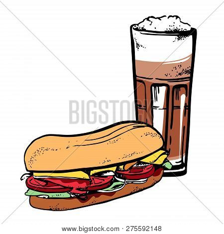 Latte And Sandwich. Hand Drawn Outline Sketch Vector Illustrationt With Color Fills Isolated On Whit