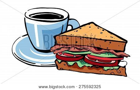 Espresso And French Toast. Hand Drawn Outline Sketch Vector Illustrationt With Color Fills Isolated 