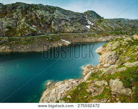 Norway Landscape. Road And Lakes In Stony Rocks Mountains. Norwegian National Tourist Scenic Route R