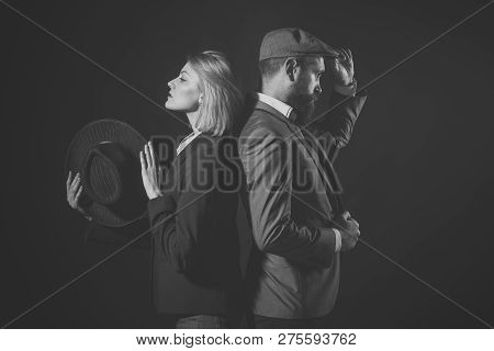 Couple Of Detectives Or Researchers, Private Investigators. Vintage Investigator Concept. Couple In 