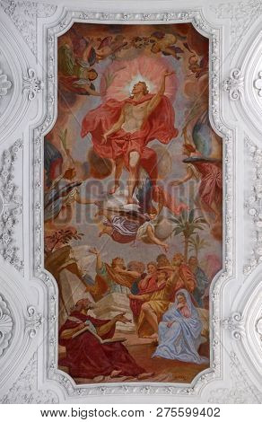 WURZBURG, GERMANY - JULY O4, 2018: Ascension of Christ  ceiling fresco in Neumunster Collegiate Church in Wurzburg, Germany