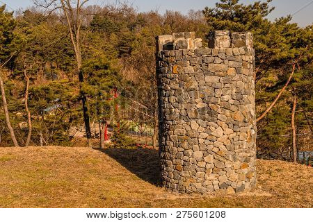Stone Structure Resembling Castle Towers At Public Mountain Park On Sunny Day In Yesan, South Korea.