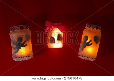 Diy Fairy Jar On Red Background. Gift Ideas, Decor February 14, St Valentines Day, Love. Handmade La