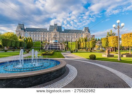 Anoramic View Of Cultural Palace And Central Square In Iasi City, Moldavia Romania
