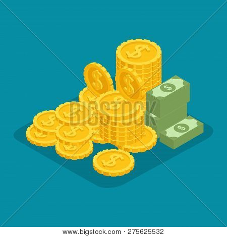 Fashion Isometric Objects. A Big Pile Of Cash. Hundreds Of Dollars. Gold, Money, Bills. Dollars, Pre
