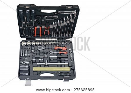 Set Of Chrome Heads, Holders And Keys In The Box, Isolated On White Background