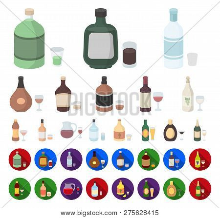 Types Of Alcohol Cartoon, Flat Icons In Set Collection For Design. Alcohol In Bottles Vector Symbol 
