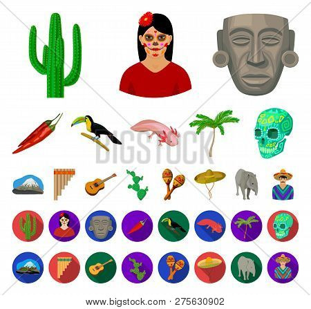 Country Mexico Cartoon, Flat Icons In Set Collection For Design. Mexico And Landmark Vector Symbol S