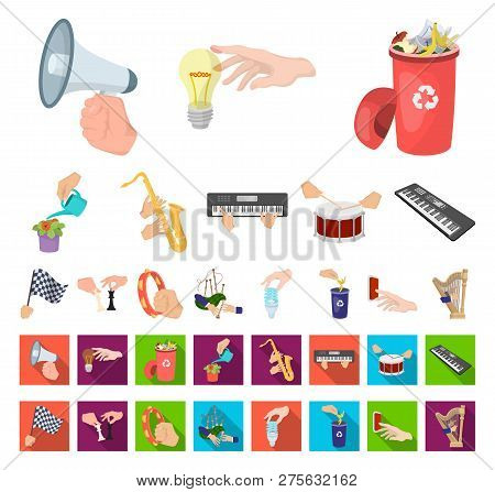 Manipulation By Hands Cartoon, Flat Icons In Set Collection For Design. Hand Movement Vector Symbol 