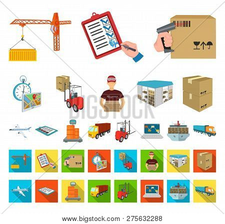Logistics And Delivery Cartoon, Flat Icons In Set Collection For Design. Transport And Equipment Iso