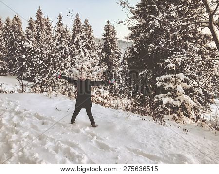 Snowfall. Trees In The Snow. Sky In The Winter Season. Beautiful View. Heppy Child.