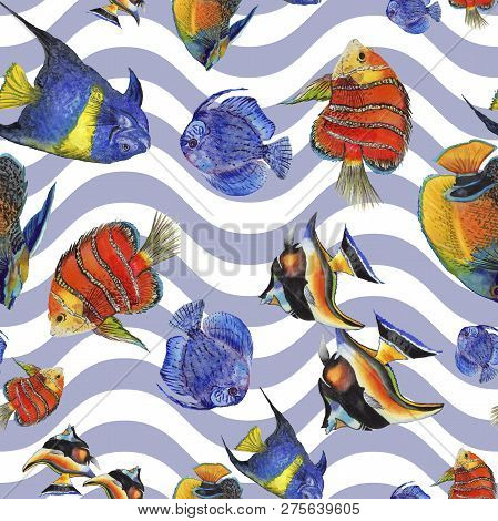 Watercolor Aquatic Underwater Colorful Tropical Fish Illustration Set. Seamless Background Pattern.