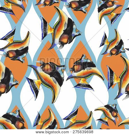 Watercolor Aquatic Underwater Colorful Tropical Fish Illustration Set. Seamless Background Pattern.