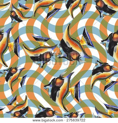 Watercolor Aquatic Underwater Colorful Tropical Fish Illustration Set. Seamless Background Pattern.