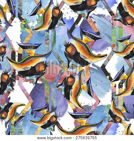 Watercolor Aquatic Underwater Colorful Tropical Fish Illustration Set. Seamless Background Pattern.