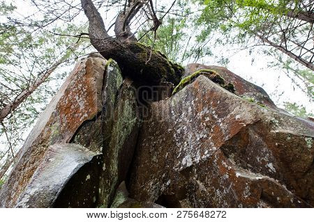 Dovbush Rocks In Green Forest At Carpathian Mountains.