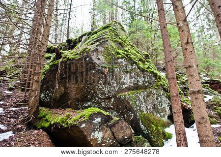 Dovbush Rocks In Green Forest At Carpathian Mountains.