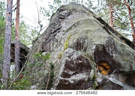 Dovbush Rocks In Green Forest At Carpathian Mountains.