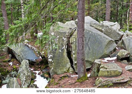 Dovbush Rocks In Green Forest At Carpathian Mountains.