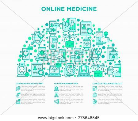 Online Medicine, Telemedicine Concept In Half Circle With Thin Line Icons: Pill Timer, Ambulance Onl