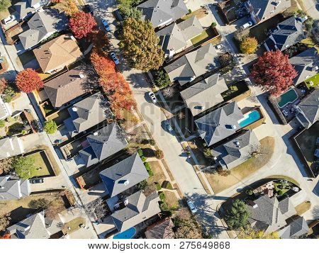 Aerial View Urban Subdivision Houses With Pool And Autumn Leaves Near Dallas
