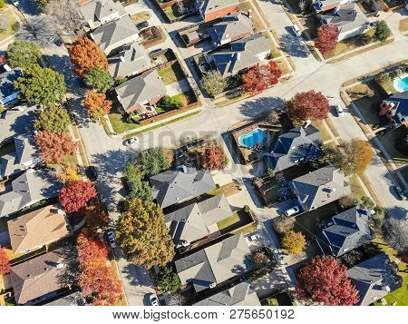 Aerial View Urban Subdivision Houses With Pool And Autumn Leaves Near Dallas